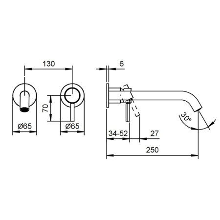 смеситель для раковины, fantini nostromo, 50 02 e812b, встраиваемый, на 2 отв, без донного клапана, излив 250мм (наружняя часть), хром