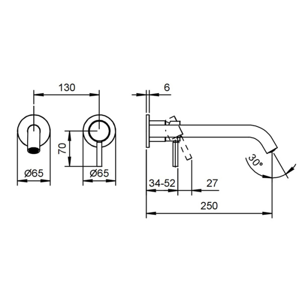 смеситель для раковины, fantini nostromo, 50 02 e812b, встраиваемый, на 2 отв, без донного клапана, излив 250мм (наружняя часть), хром