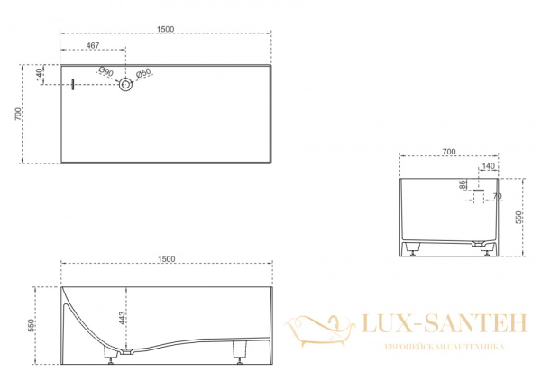 ванна свободностоящая из искусственного камня abber stein as9640-1.5, 150х70х55h см, белый матовый 