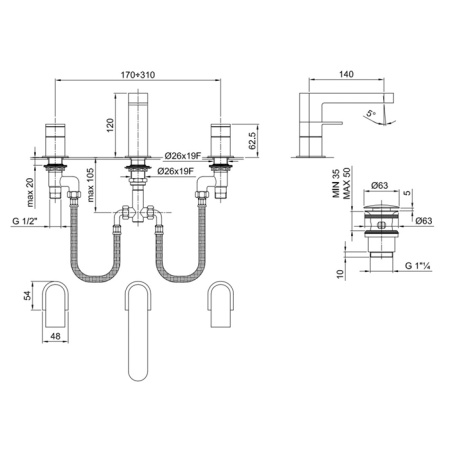 смеситель для раковины, fantini mare, 51 02 6304, 3 отв., с нажимн. донным клапаном, излив 140мм, хром