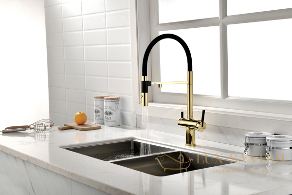 смеситель для кухни под фильтр с гибким изливом paulmark gravity gr213888-g, золото