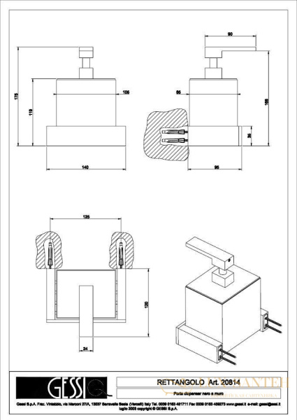 дозатор gessi rettangolo 20814 031, хром/черный