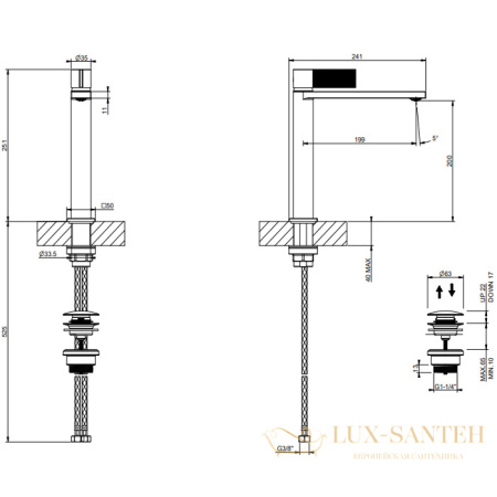 смеситель для раковины gessi inverso diamantato 73653.299, с донным клапаном, matte black