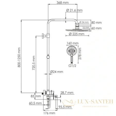 душевая система wasserkraft mindel a185.067.059.wm 225 мм, хром/белый матовый