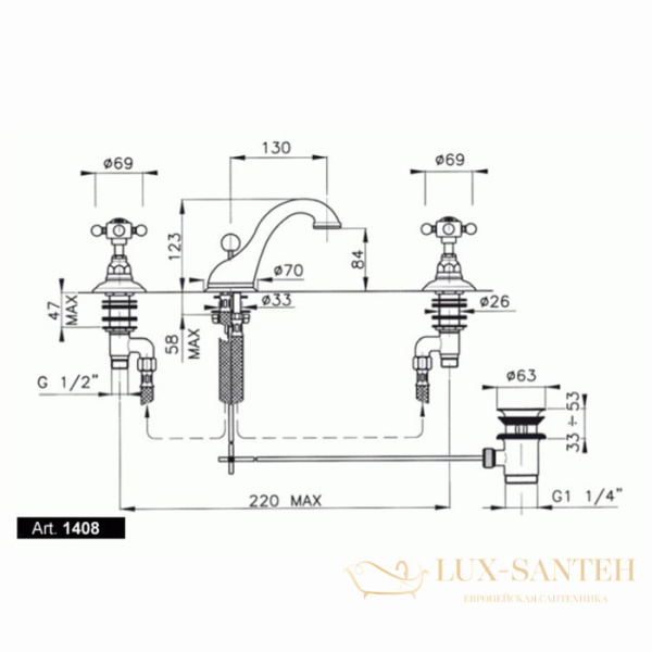 смеситель для раковины, nicolazzi p.m.blanc, 1408cr78, с донным клапаном, хром