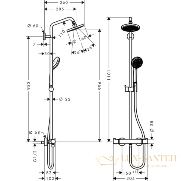 душевая система hansgrohe croma 160 showerpipe 27135000 хром