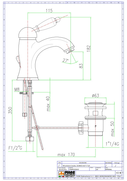 смеситель fiore imperiale 83zz5221 для раковины с донным клапаном, бронза