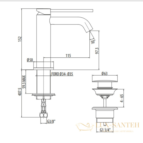 смеситель для раковины gattoni circle two 9142/91no, с донным клапаном, nero opaco