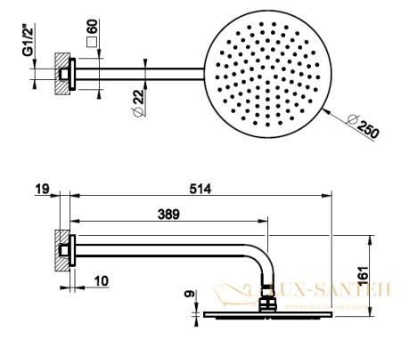 верхний душ gessi rilievo 59148.299 ø 250 мм, black xl