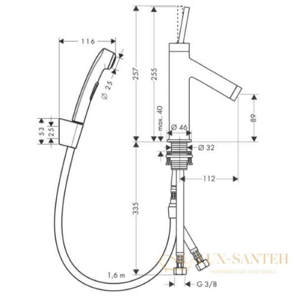 смеситель для раковины с гигиеническим душем axor starck, 10300000, с донным клапаном, хром