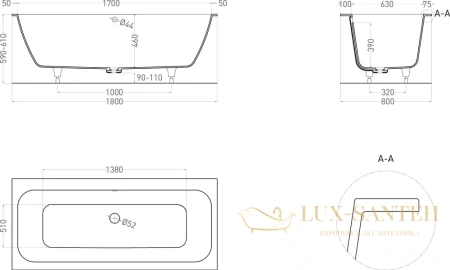 ванна salini orlanda axis 103212g s-sense 180x80 см, белый