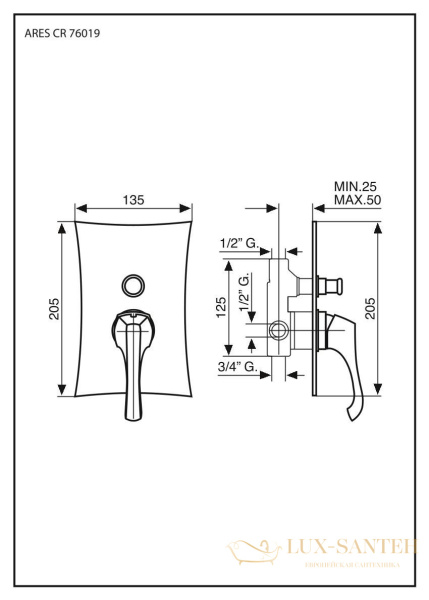 смеситель внутристенный emmevi ares 76019c/sp на 2 выхода, зачищенный хром
