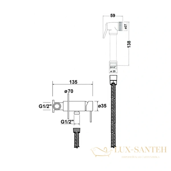 гигиенический набор со встроенным смесителем aquame minimal aqm6020mw, белый матовый
