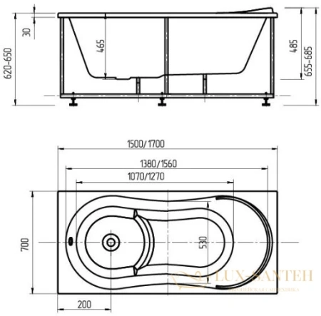 акриловая ванна aquatek афродита 170x70 без гидромассажа, без фронтального экрана