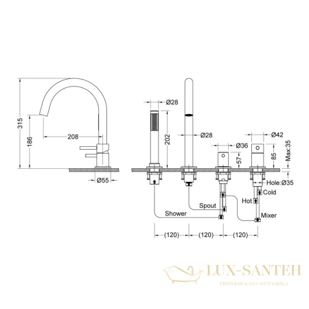 смеситель timo saona 2320/17y на борт ванны, золото матовое
