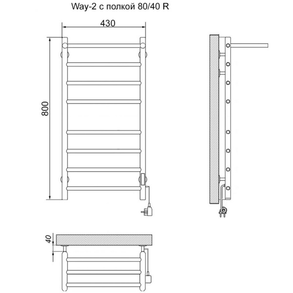 полотенцесушитель электрический кабельный ника way-2 80/40 с полкой u тэн, хром