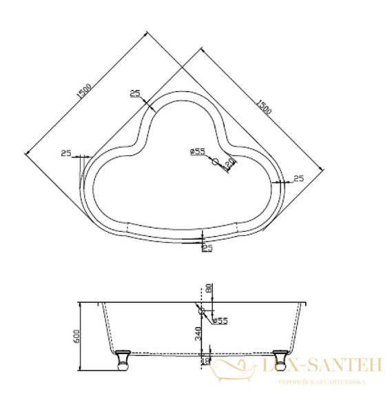 акриловая ванна belbagno bb07 150х150 без гидромассажа, белый