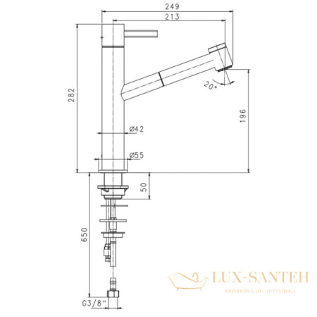 смеситель для раковины, fantini af/21, 27 p9 a754f, 1 отв., без донного клапана, излив 213мм, matt copper pvd
