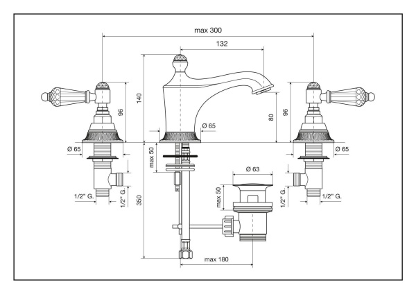 смеситель для раковины emmevi the one 98033lcsw/or на 3 отверстия, прозрачные кристаллы swarovski, золото