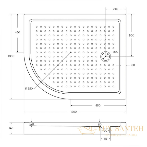 акриловый поддон cezares tray a tray-a-rh-120/100-550-15-w-r для душа 120x100 r, белый