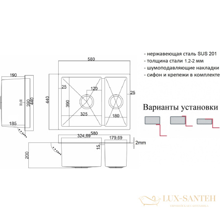 кухонная мойка zorg light grafit zl r 580-2-440 grafit 58 см, графит