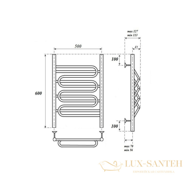 полотенцесушитель 500x600 водяной point юпитер примиум pn01156s п5, хром