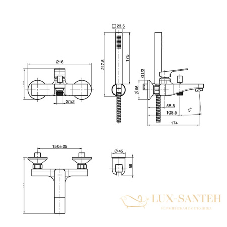 смеситель для ванны fima carlo frattini fit, f3384bs, настенный, с душевым комплектом, излив 170 мм, белый матовый