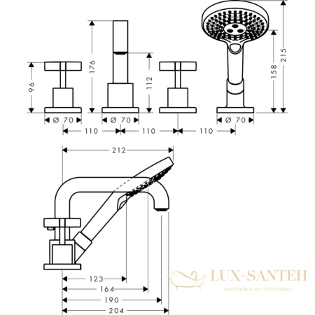 axor citterio, 39453000, смеситель на борт ванны, на 4 отв., с крестовыми рукоятками, с ручным душем, (внешняя часть), цвет хром