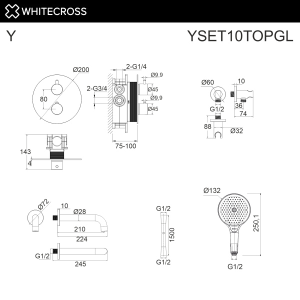 термостатическая система для ванны скрытого монтажа whitecross y, yset10topgl, золото глянцевое