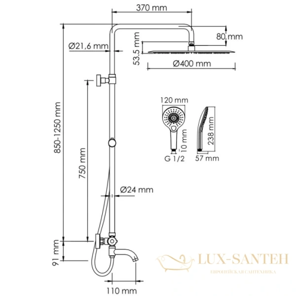 душевая система wasserkraft a188.117.101.087.ch thermo 400 мм, хром
