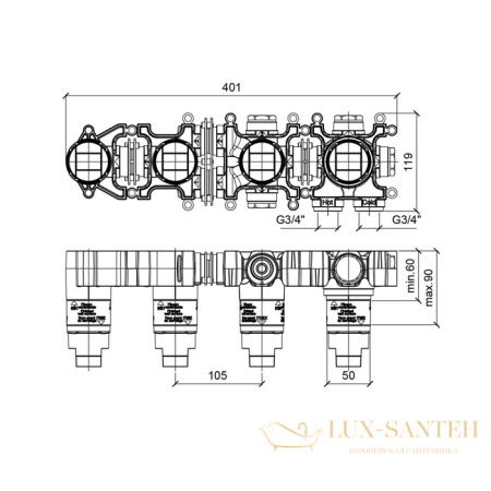 встраиваемая часть almar modular e169003, термостатического смесителя для ванны на 2 выхода, горизонтальный монтаж