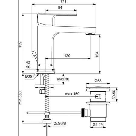 смеситель с донным клапаном ideal standard cerafine d bc686u8 для раковины, хром/серый жемчуг
