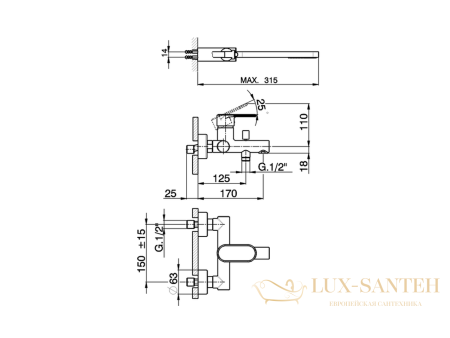 смеситель для ванны cisal lineaviva, lv00012021, настенный, с душевым комплектом, хром