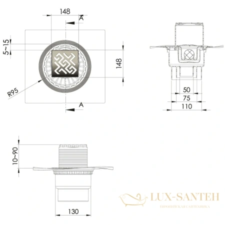 душевой трап berges zentrum antik 092465 148x148/50*75*110 мм, золото