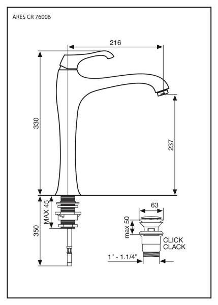 смеситель для раковины высокий emmevi ares 76006c/sp с донным клапаном, зачищенный хром