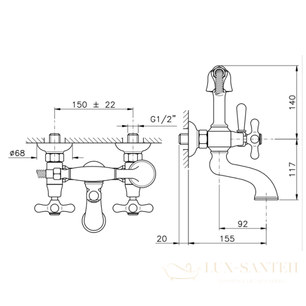 смеситель для ванны nicolazzi nuova brenta, 2501bz, смеситель для ванны с 2мя ручками, настенный, с душевой лейкой, бронза