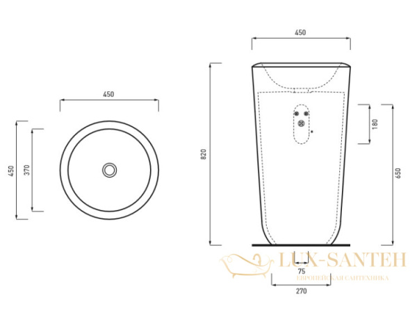 раковина напольная пристенная cielo fluid flfreep fn, 450x450x820h мм, без отверстия под смеситель, без перелива в комплекте с сифоном и креплением, в