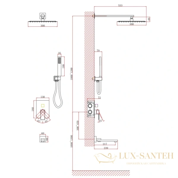 душевая система для ванны и душа d&k bayern.liszt da1515608a04 встраиваемая с изливом, белый матовый