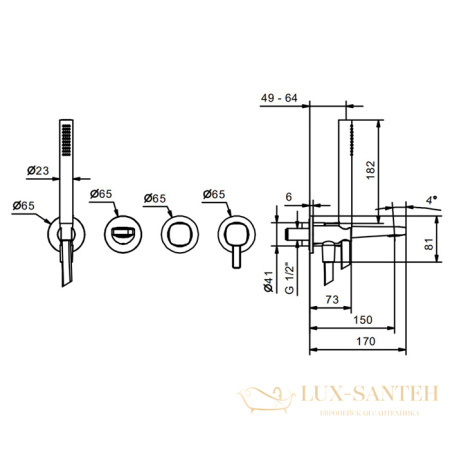 смеситель для ванны встраиваемый fantini lame, 24 02 m120b, 2 источника, излив 150 мм, с ручным душем, (наружняя часть), хром