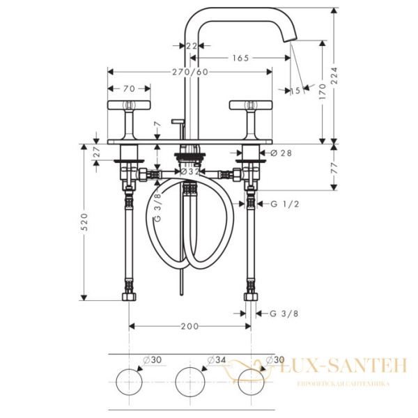 смеситель для раковины 170, axor citterio, 36116000, с донным клапаном, хром