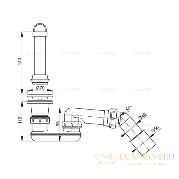 alcaplast выпускной комплект с гидрозатвором и коленом a462-50