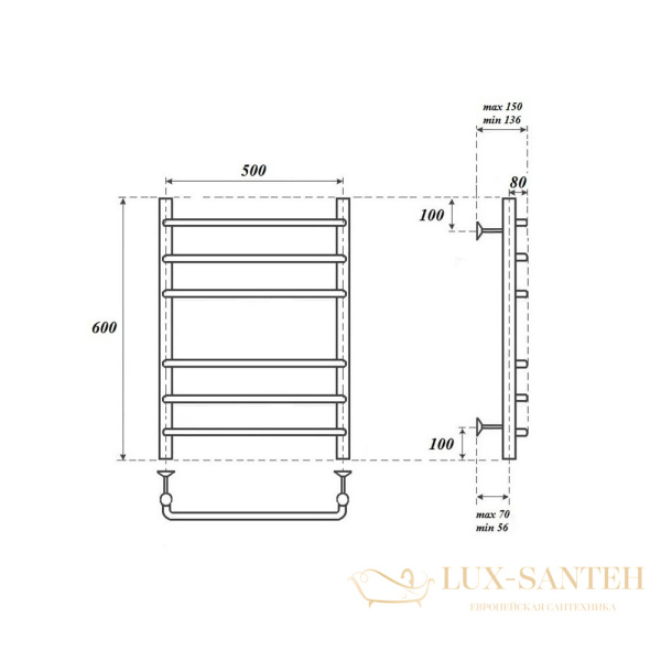 полотенцесушитель 500x600 электрический point нептун pn09156e п6 левый/правый, хром
