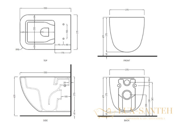 унитаз подвесной безободковый, cielo, shui comfort, shcovsk ln, 360*550*290h мм, с комплектом креплений, lino