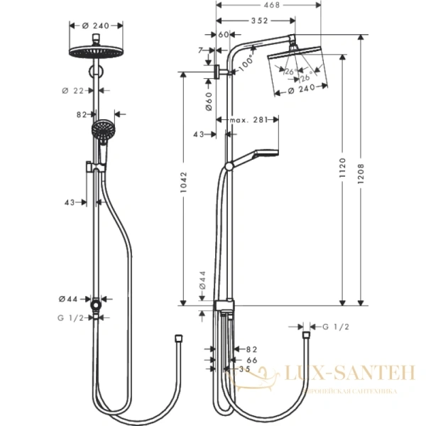 душевая стойка hansgrohe crometta s 240 1jet showerpipe rеno 27270000 хром