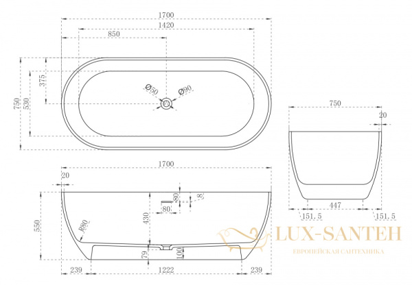 ванна свободностоящая из искусственного камня abber stein as9613-1.7, 170х75х55h см, белый матовый 