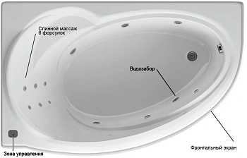 акриловая ванна aquatek бетта 170х97 bet170-0000010 левая, с гидромассажем standard (пневмоуправление), с фронтальным экраном+спинной массаж 6 форсуно