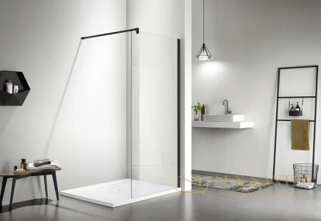 душевая перегородка aquatek aq wiw 12020bl walk in с держателем 1200x2000 профиль черный, стекло прозрачное