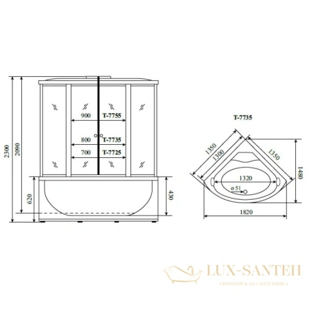 душевая кабина timo lux t-7735 135x135x230 см, стекло прозрачное