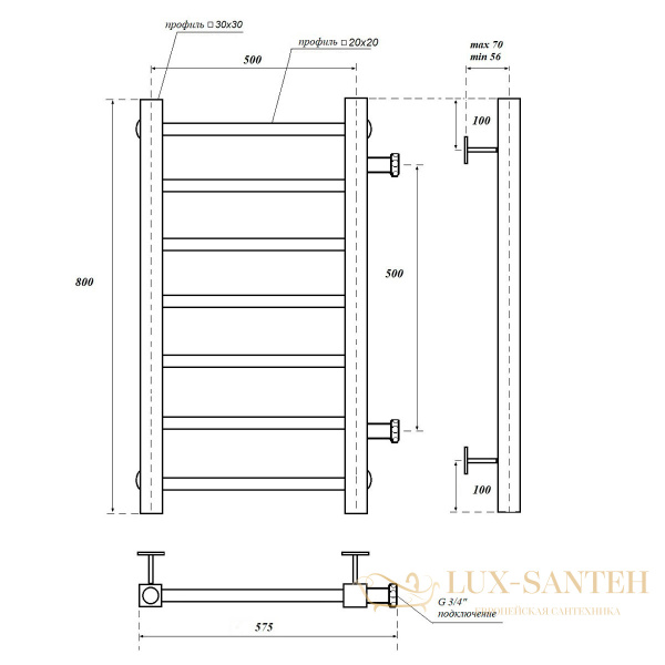 полотенцесушитель 500x800 водяной point вега pn71558 п7 с боковым подключением 500, хром