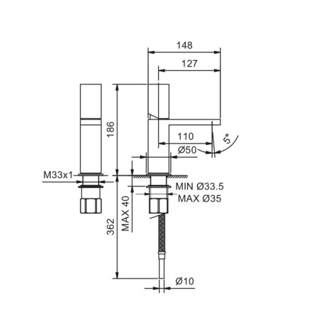 смеситель для раковины, fantini milano, 31 93 3004wf, 1 отв., без донного клапана, излив 110мм, матовая натуральная сталь